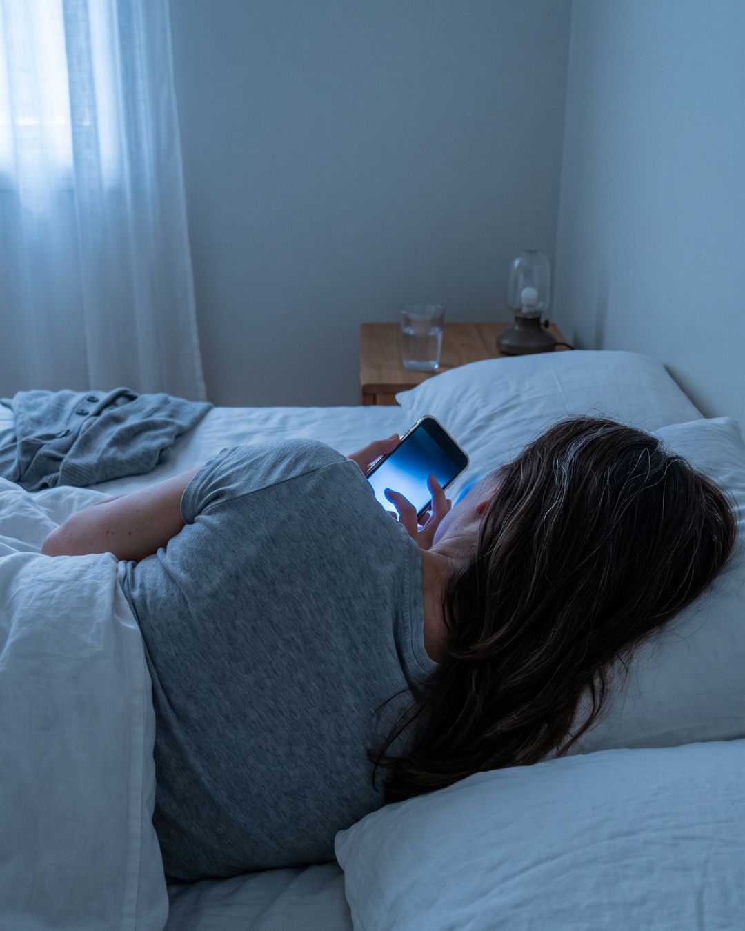 A woman still in bed, phone lit in her hand, early light in the window