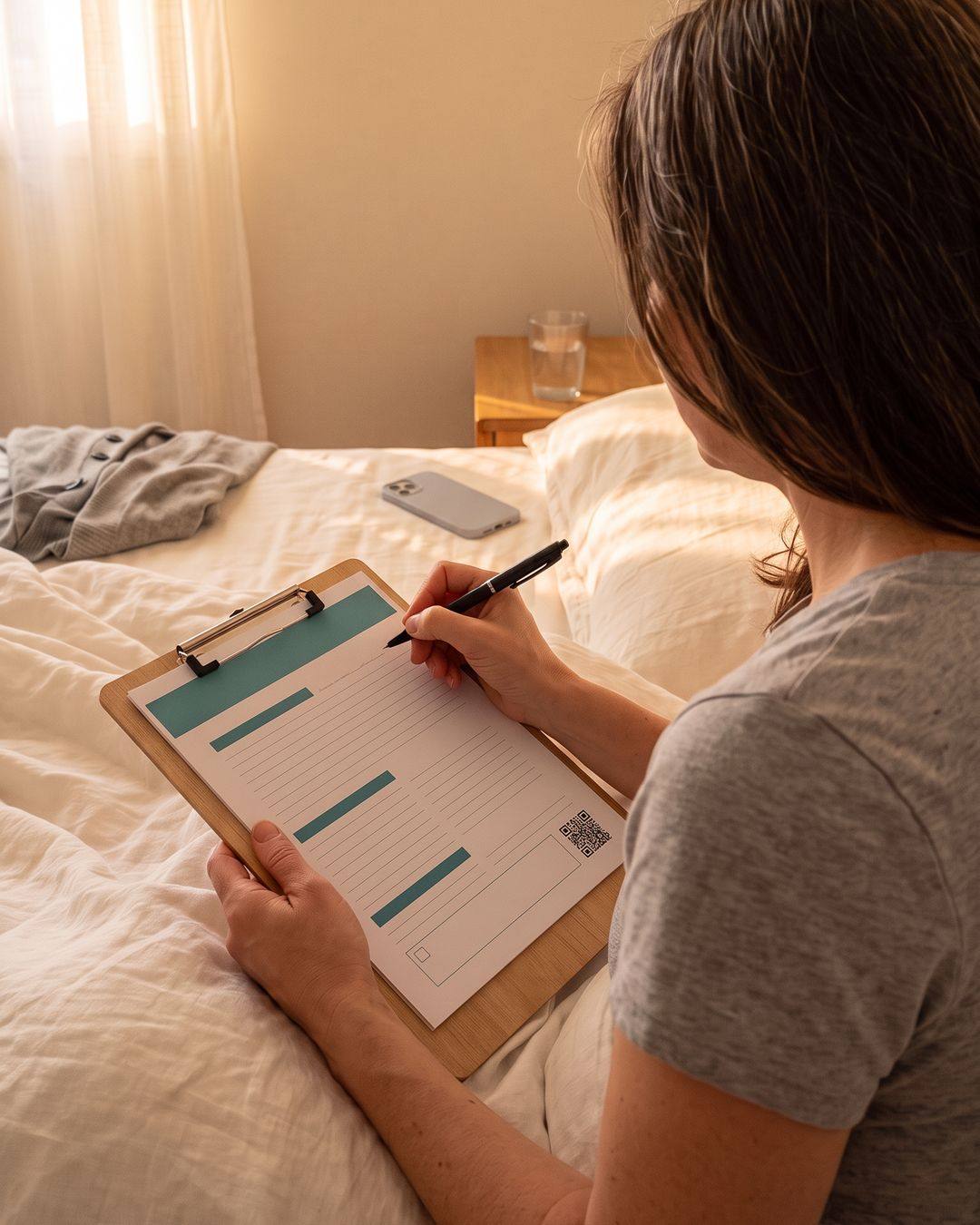 The same bed, the phone face down, a pen on a printed page