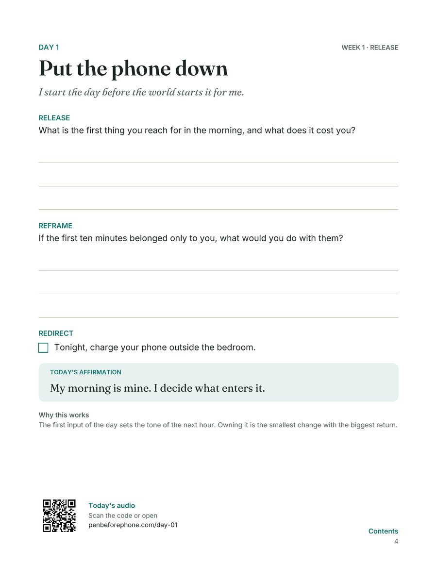 The Day 1 page of Pen Before Phone: Release, Reframe and Redirect questions with three lines to write on